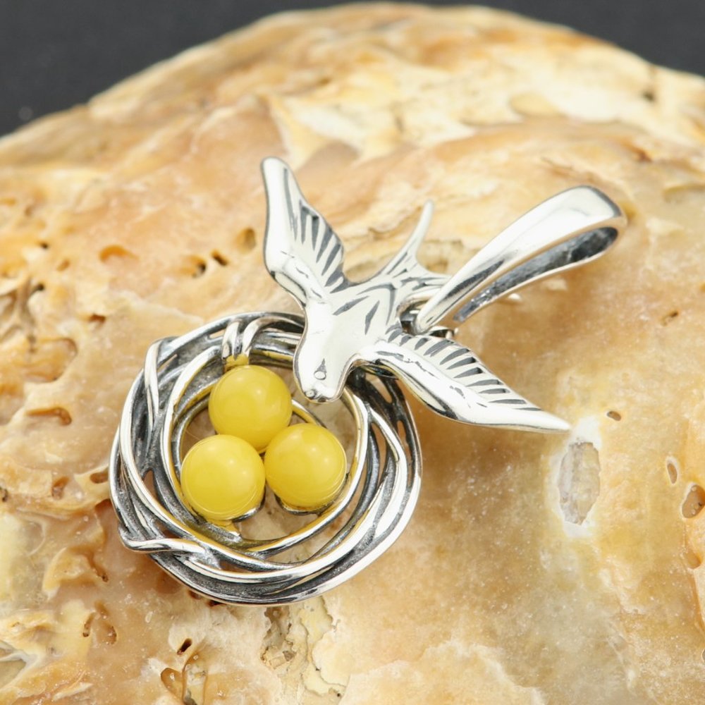 Very unique yellow amber pendant with all three parts moving, sterling silver - Picture 7 of 11